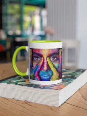 Painted woman. Beauty on a mug.  rainbow art.  coffee mug.  Hypnotic eyes