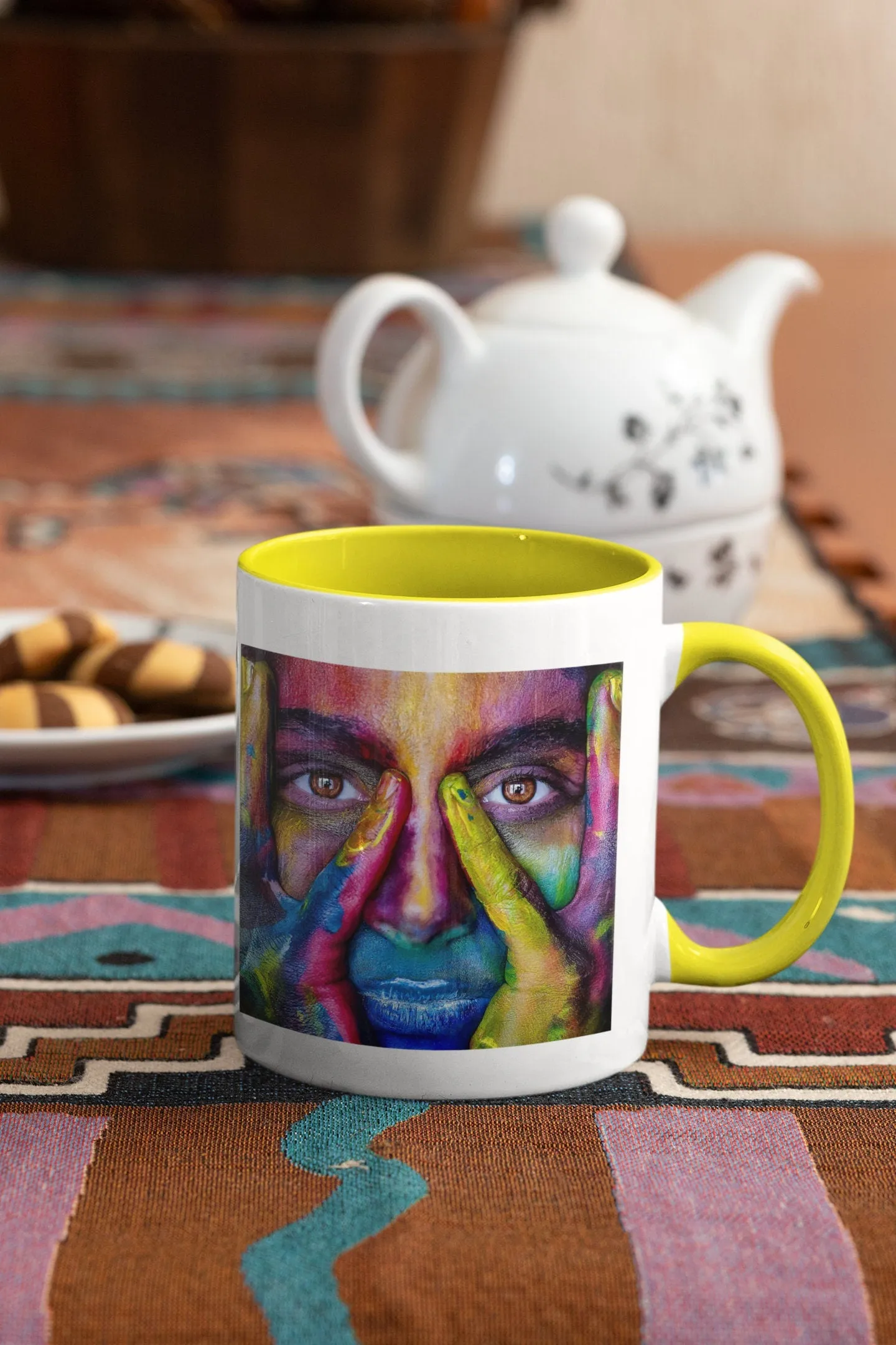 Painted woman. Beauty on a mug.  rainbow art.  coffee mug.  Hypnotic eyes