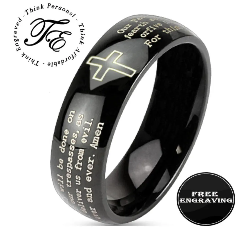 Personalized Christian Cross and Lord's Prayer Ring Engraved Promise Ring