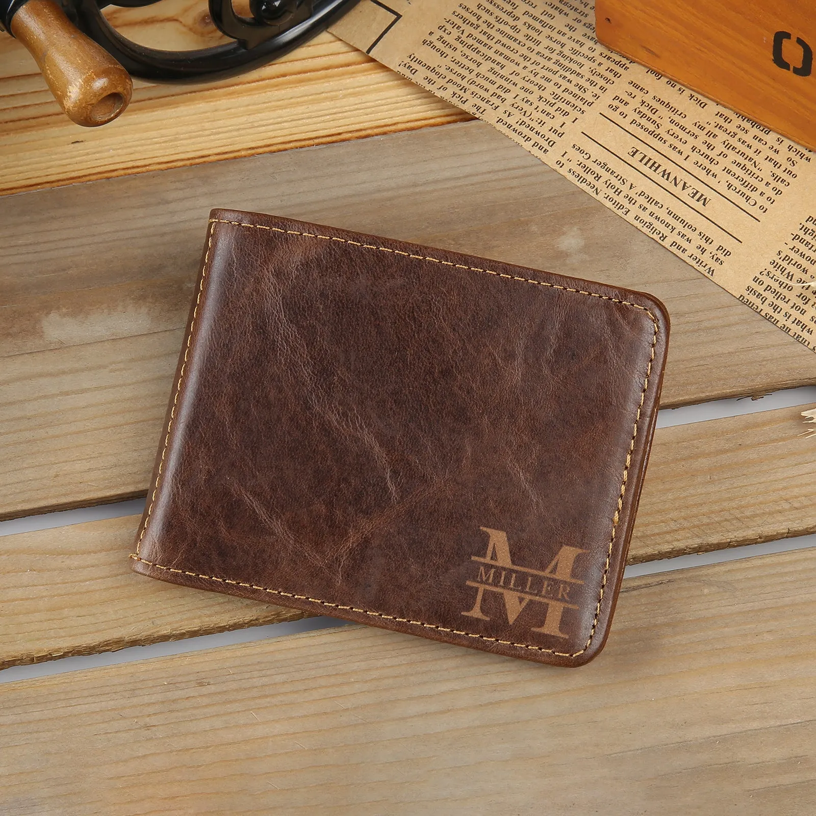 Personalized Men's Leather Bi-fold Wallet Card Holder Monogram and Name