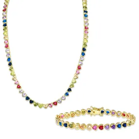 Rainbow Bezel Heart Tennis Necklace   Bezel Heart Rainbow Tennis Bracelet