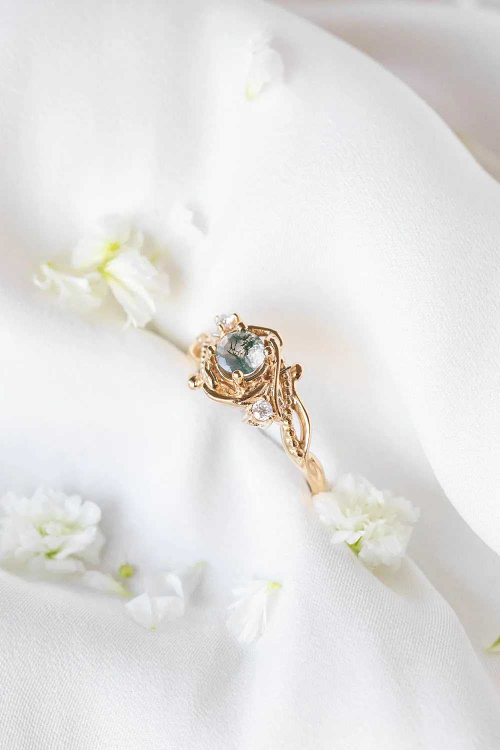 READY TO SHIP: Undina in 14K yellow gold, round moss agate 5 mm, moissanites, RING SIZE 7.25 US