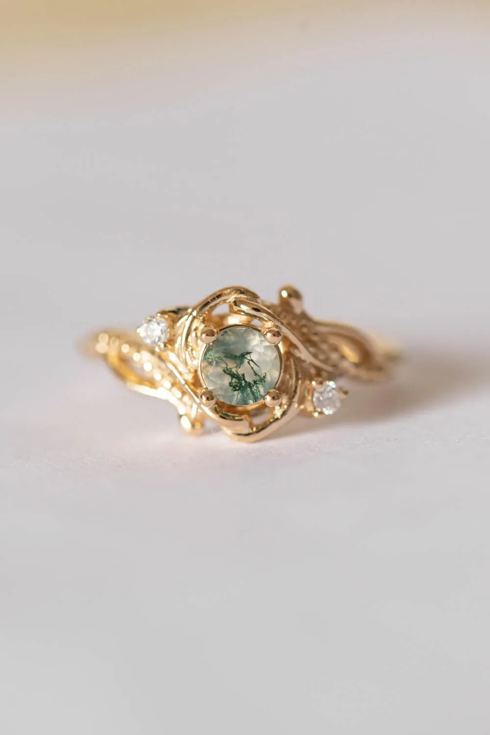 READY TO SHIP: Undina in 14K yellow gold, round moss agate 5 mm, moissanites, RING SIZE 7.25 US