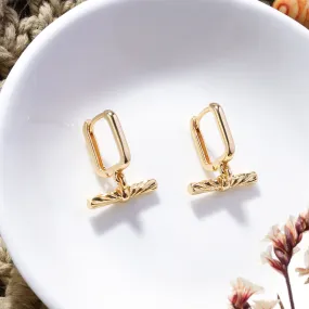 Real Gold Plated Gold Z Sunray T-Bar Drop Rectangular Huggies Earrings