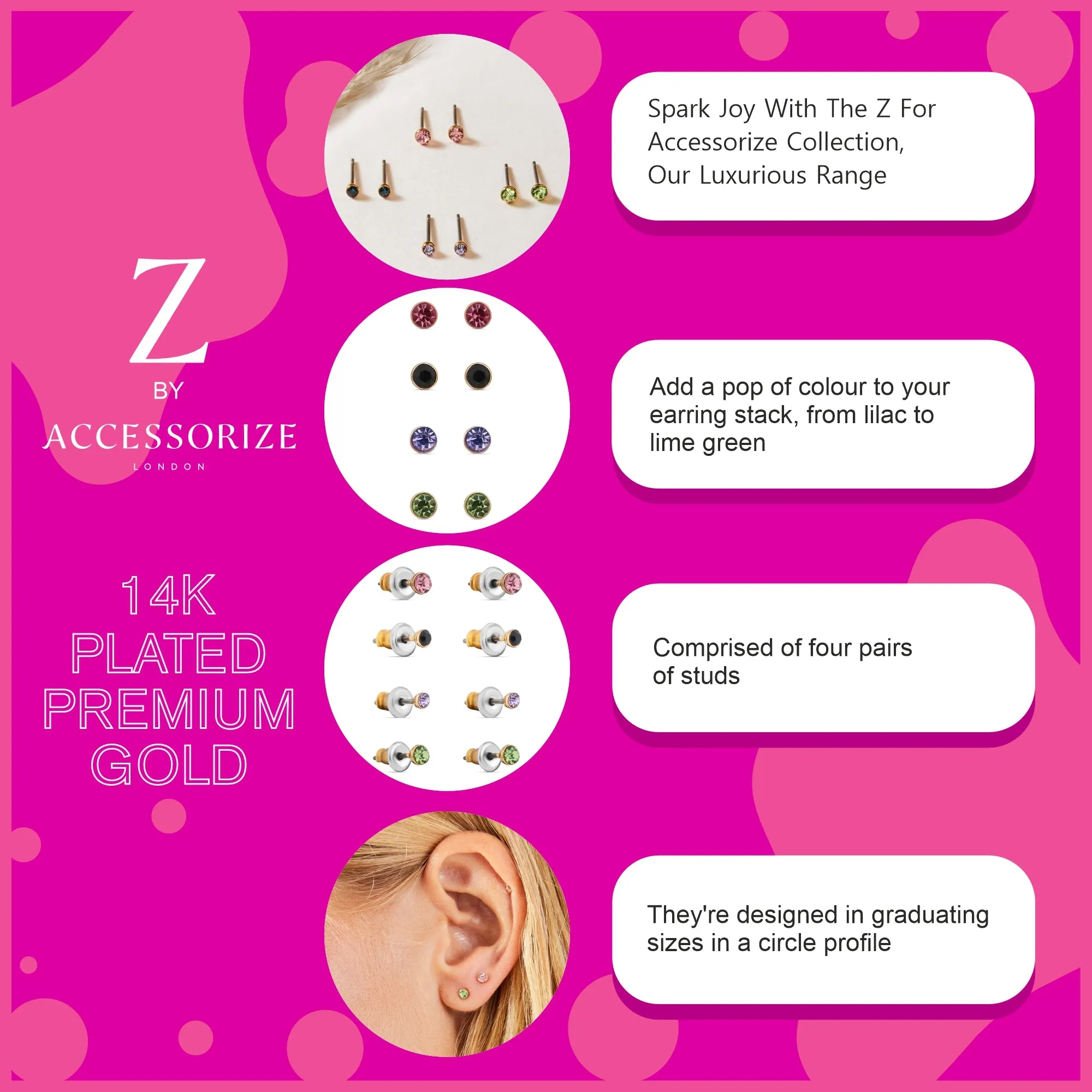 Real Gold Plated Multi Stud Earrings Pack of Four