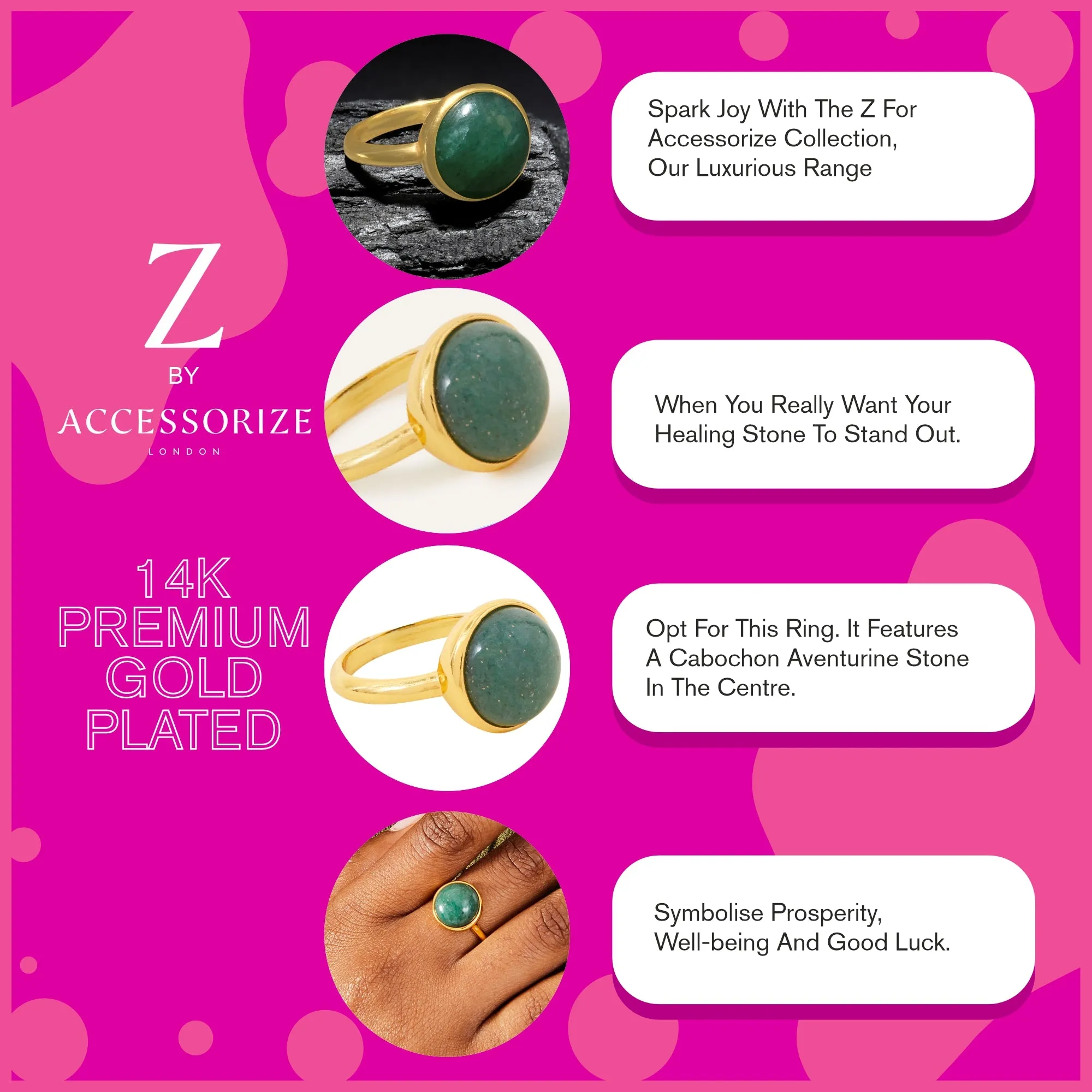 Real Gold Plated Z Green Aventurine Cabochon Ring-Small