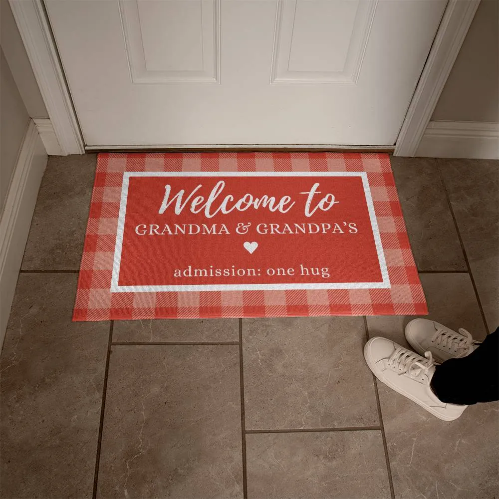 Red Plaid Grandma and Grandpa Indoor Outdoor Welcome Door Mat