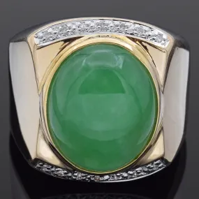 Vintage 11.37 Ct Green Jade & Diamond 14K Yellow Gold Cocktail Ring Size 11