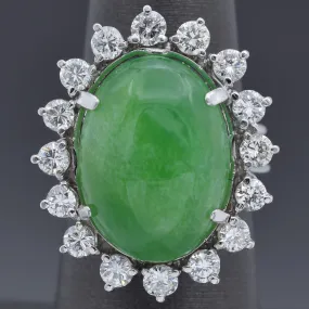 Vintage 11.75Ct Green Jade & 1.67 TCW Diamond Platinum & Palladium Cocktail Ring