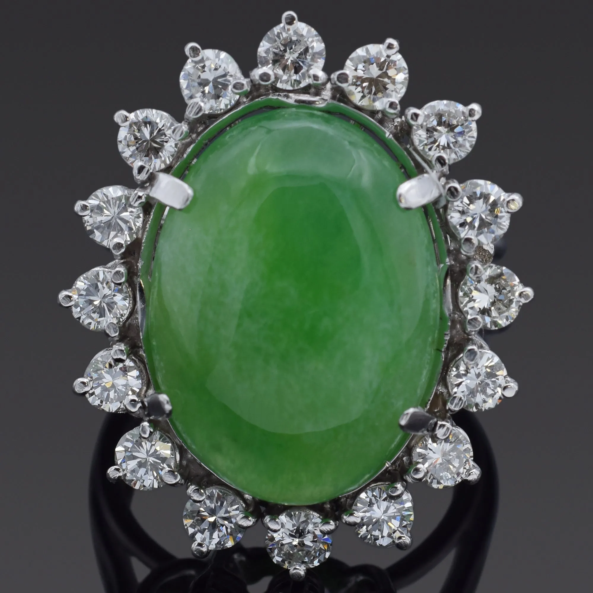 Vintage 11.75Ct Green Jade & 1.67 TCW Diamond Platinum & Palladium Cocktail Ring