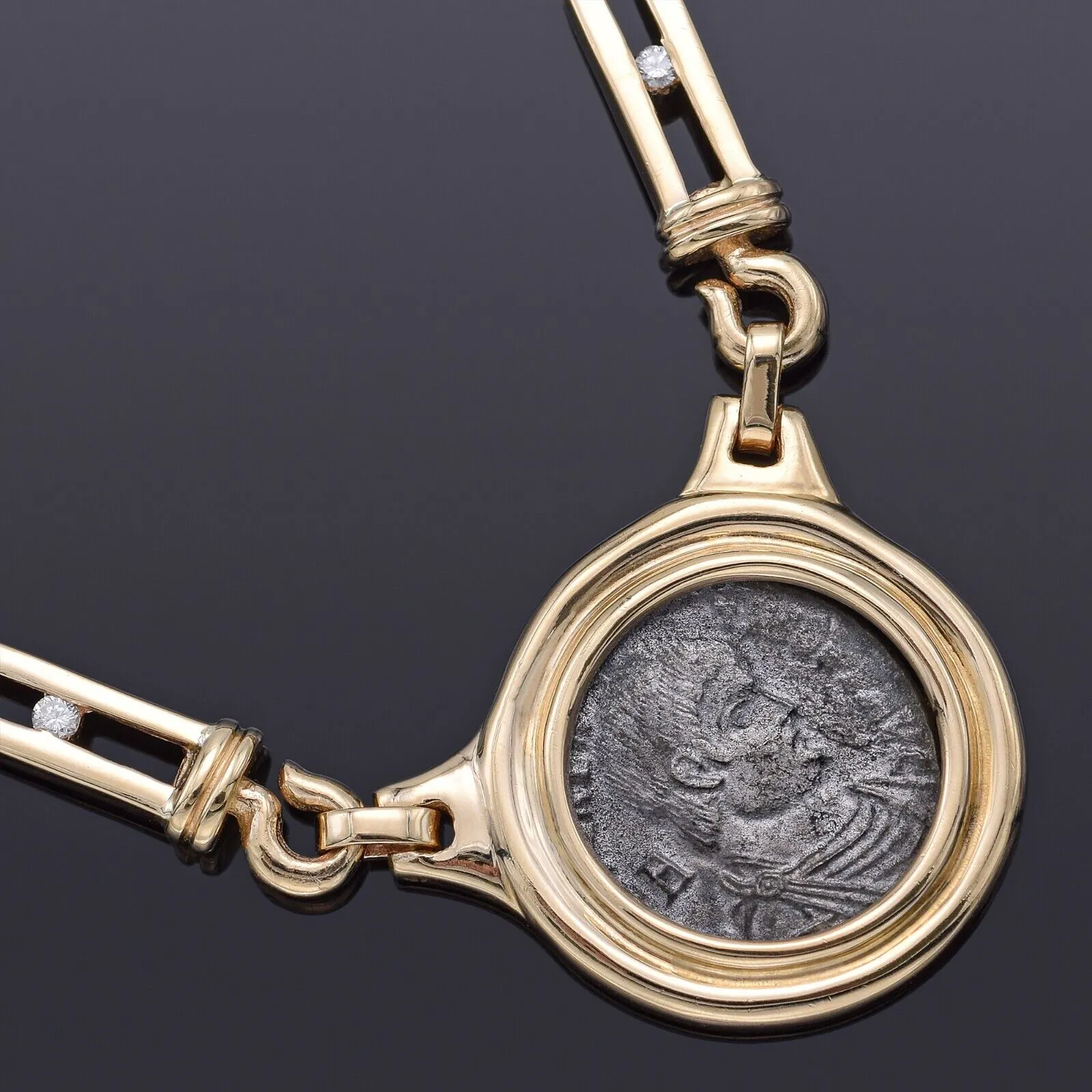 Vintage 14K Gold 0.90 TCW Diamond Ancient Roman Coin Necklace 43.0 Grams 15"