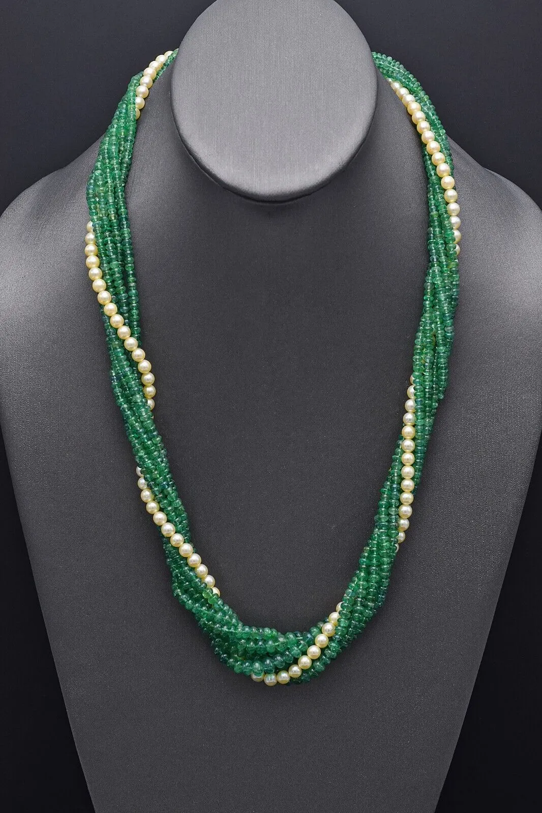 Vintage 14K Gold Emerald & Sea Pearl Long Beaded Multi-Strand Torsade Necklace