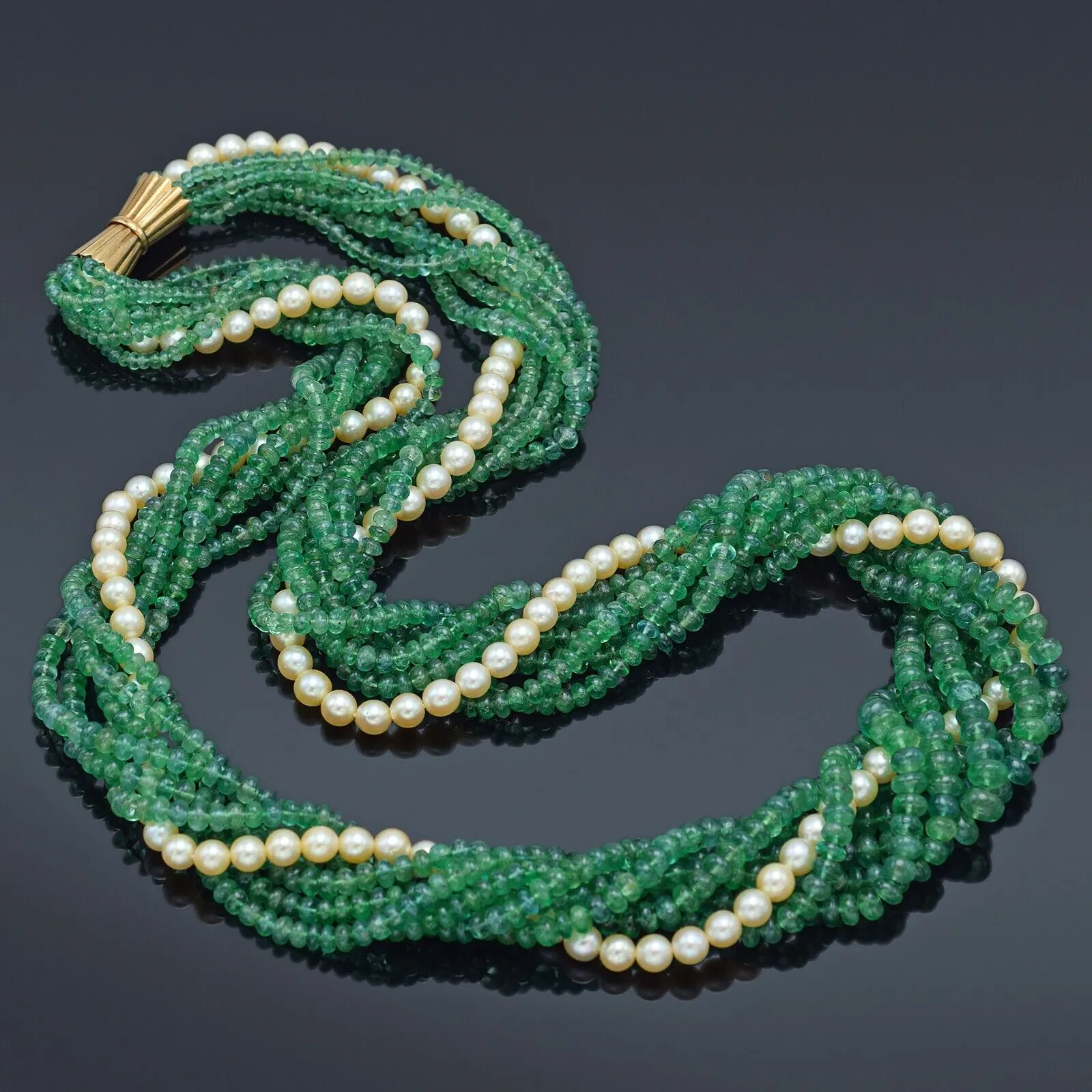 Vintage 14K Gold Emerald & Sea Pearl Long Beaded Multi-Strand Torsade Necklace