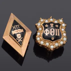 Vintage 14K Gold Pearl Eta Tau Gamma & Phi Theta Pi Fraternity Badge Pins