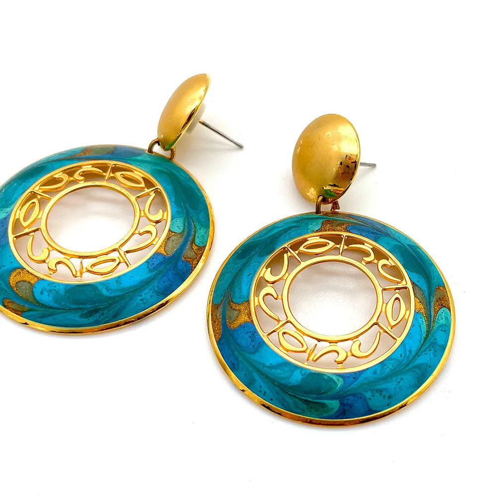 【カナダ輸入】ヴィンテージ ターコイズ マーブル エナメル ピアス/Vintage Turquoise Marble Enamel Post Earrings