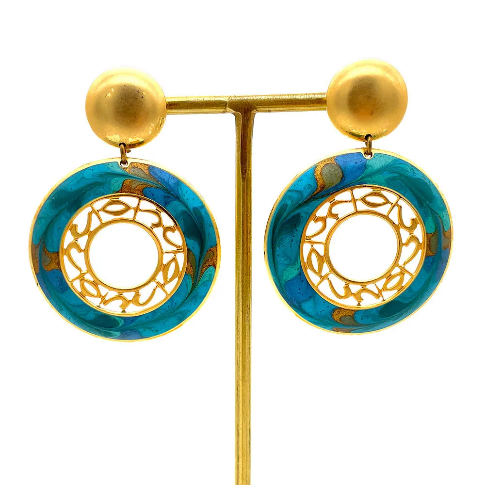 【カナダ輸入】ヴィンテージ ターコイズ マーブル エナメル ピアス/Vintage Turquoise Marble Enamel Post Earrings