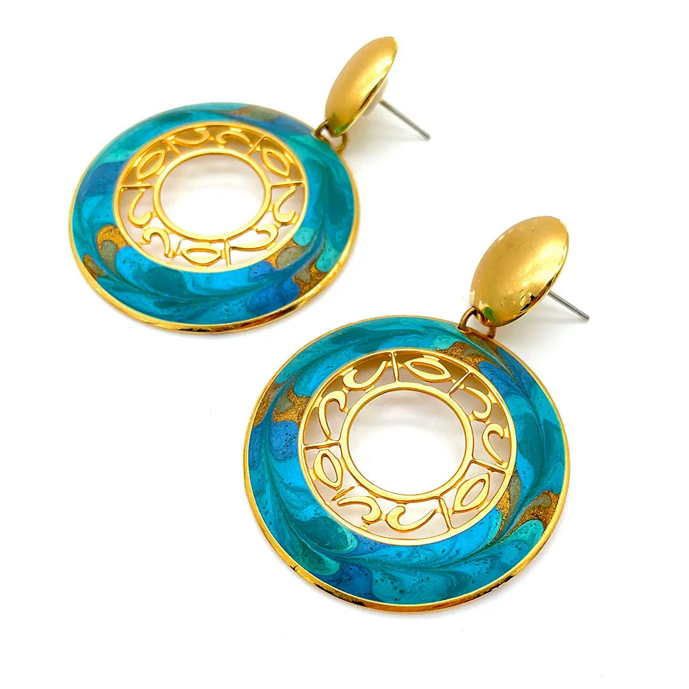 【カナダ輸入】ヴィンテージ ターコイズ マーブル エナメル ピアス/Vintage Turquoise Marble Enamel Post Earrings